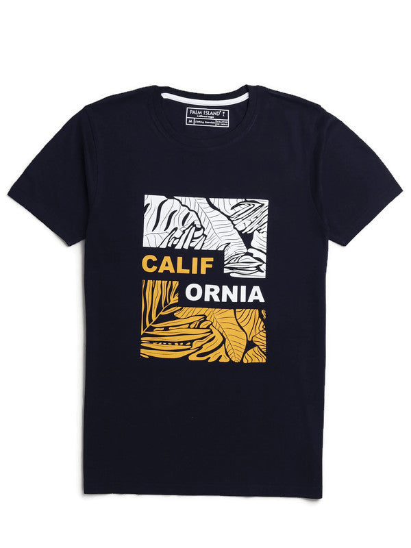 Men's Half Sleeve Round Neck Chest Print Regular Fit Cotton T-Shirt | Navy