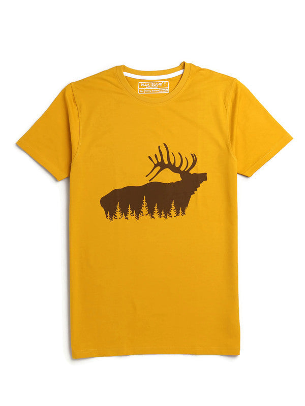 Men's Half Sleeve Round Neck Chest Print Regular Fit Cotton T-Shirt | Mustard