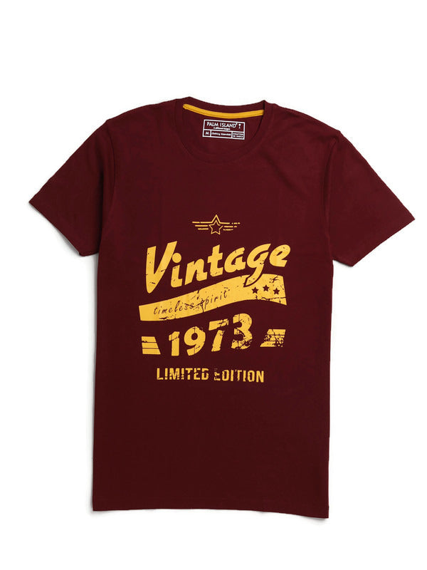 Men's Half Sleeve Round Neck Chest Print Regular Fit Cotton T-Shirt | Maroon