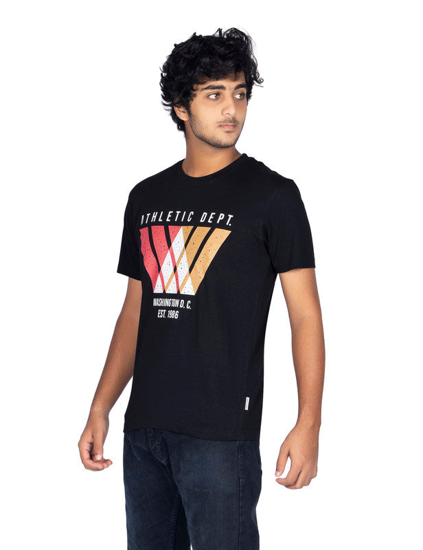 Men's Half Sleeve Round Neck Chest Print Regular Fit Cotton T-Shirt | Black