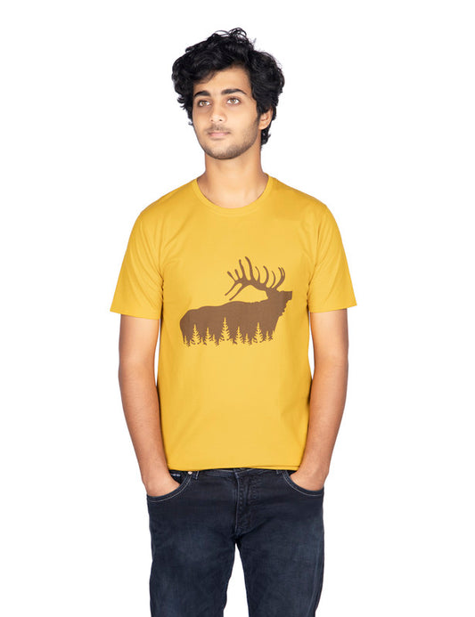 Men's Half Sleeve Round Neck Chest Print Regular Fit Cotton T-Shirt | Mustard