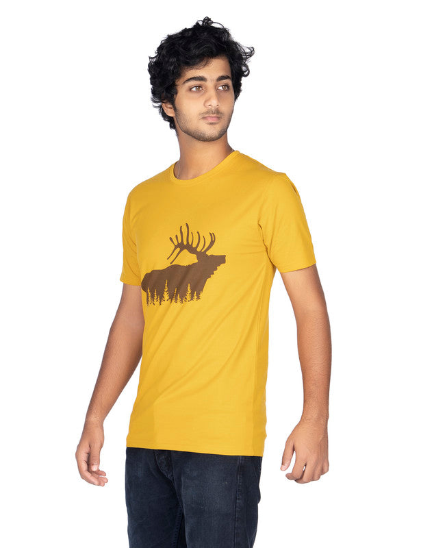 Men's Half Sleeve Round Neck Chest Print Regular Fit Cotton T-Shirt | Mustard