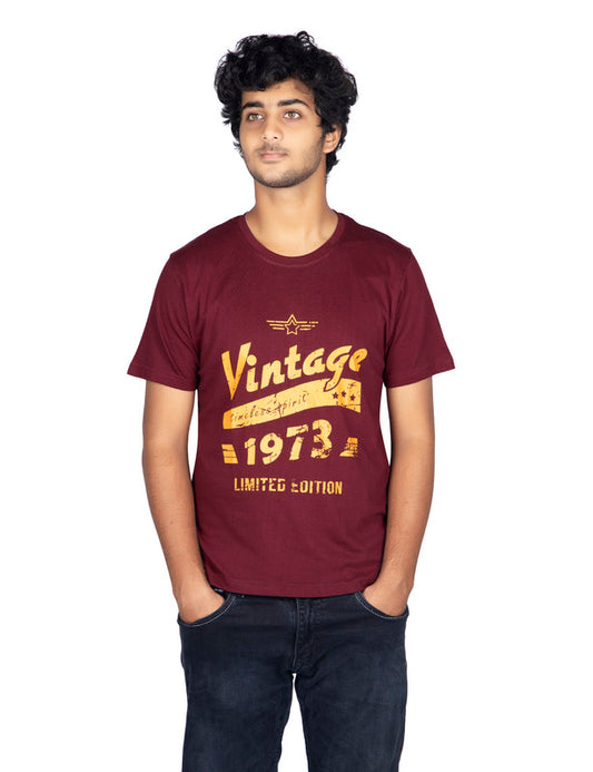 Men's Half Sleeve Round Neck Chest Print Regular Fit Cotton T-Shirt | Maroon