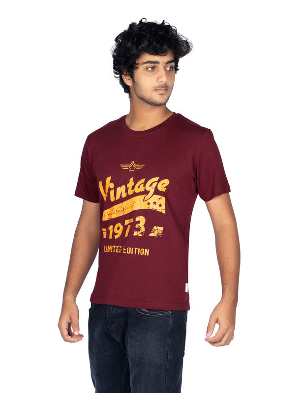 Men's Half Sleeve Round Neck Chest Print Regular Fit Cotton T-Shirt | Maroon