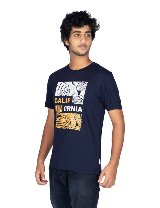 Men's Half Sleeve Round Neck Chest Print Regular Fit Cotton T-Shirt | Navy