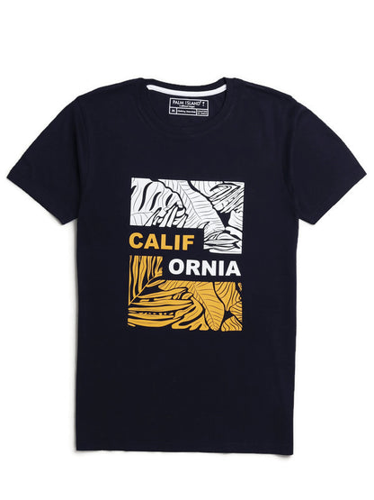 Men's Half Sleeve Round Neck Chest Print Regular Fit Cotton T-Shirt | Navy