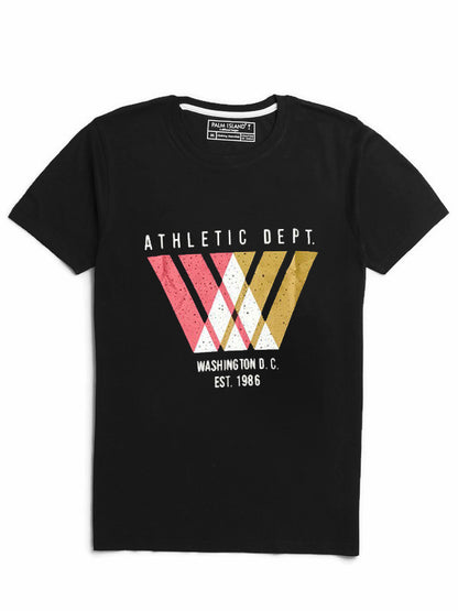 Men's Half Sleeve Round Neck Chest Print Regular Fit Cotton T-Shirt | Black