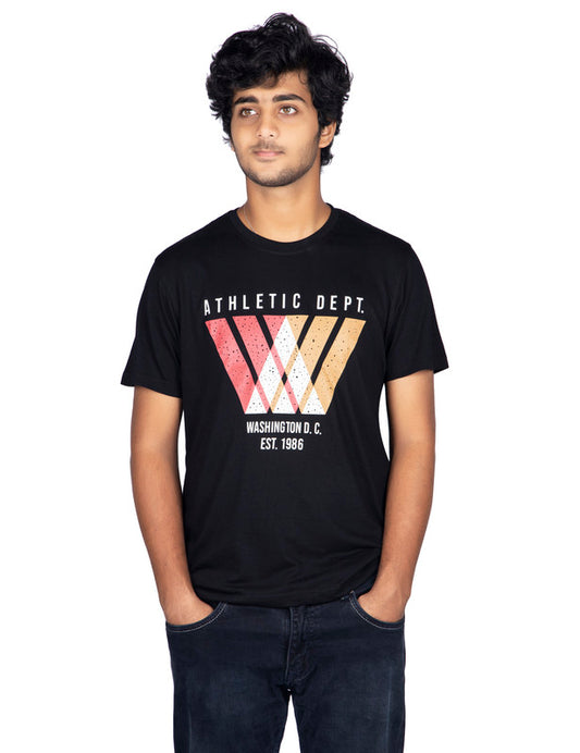 Men's Half Sleeve Round Neck Chest Print Regular Fit Cotton T-Shirt | Black
