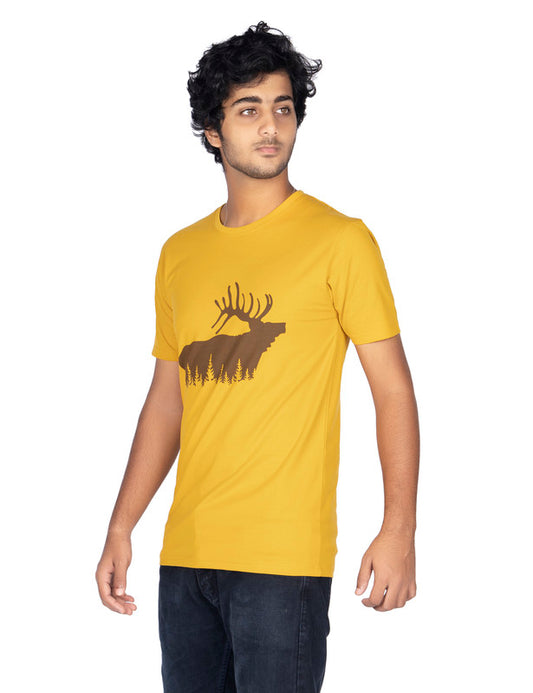 Men's Half Sleeve Round Neck Chest Print Regular Fit Cotton T-Shirt | Mustard