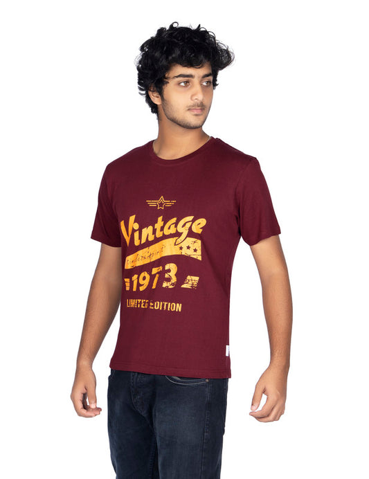 Men's Half Sleeve Round Neck Chest Print Regular Fit Cotton T-Shirt | Maroon
