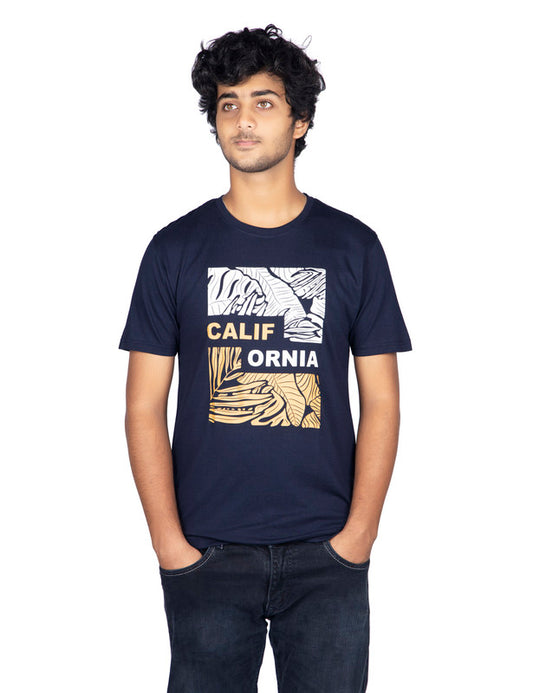 Men's Half Sleeve Round Neck Chest Print Regular Fit Cotton T-Shirt | Navy